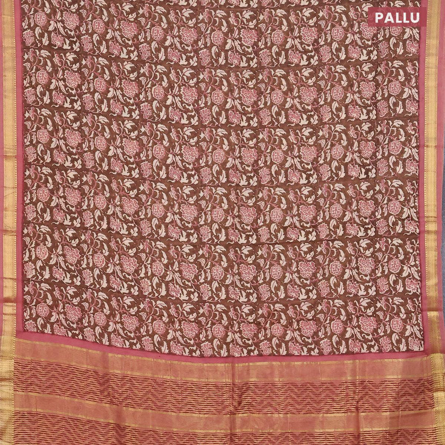 Malai silk saree brown and pastel peach with allover prints and zari woven border