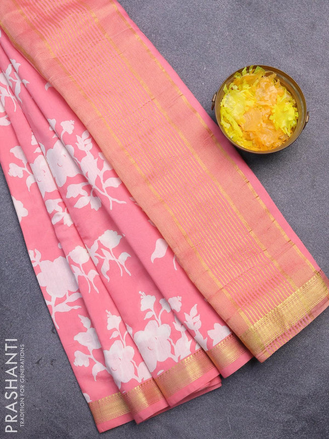 Malai silk saree peach pink with allover floral prints and zari woven border