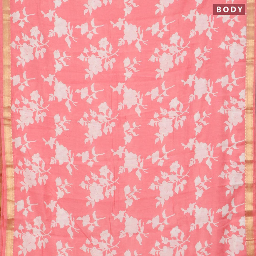 Malai silk saree peach pink with allover floral prints and zari woven border