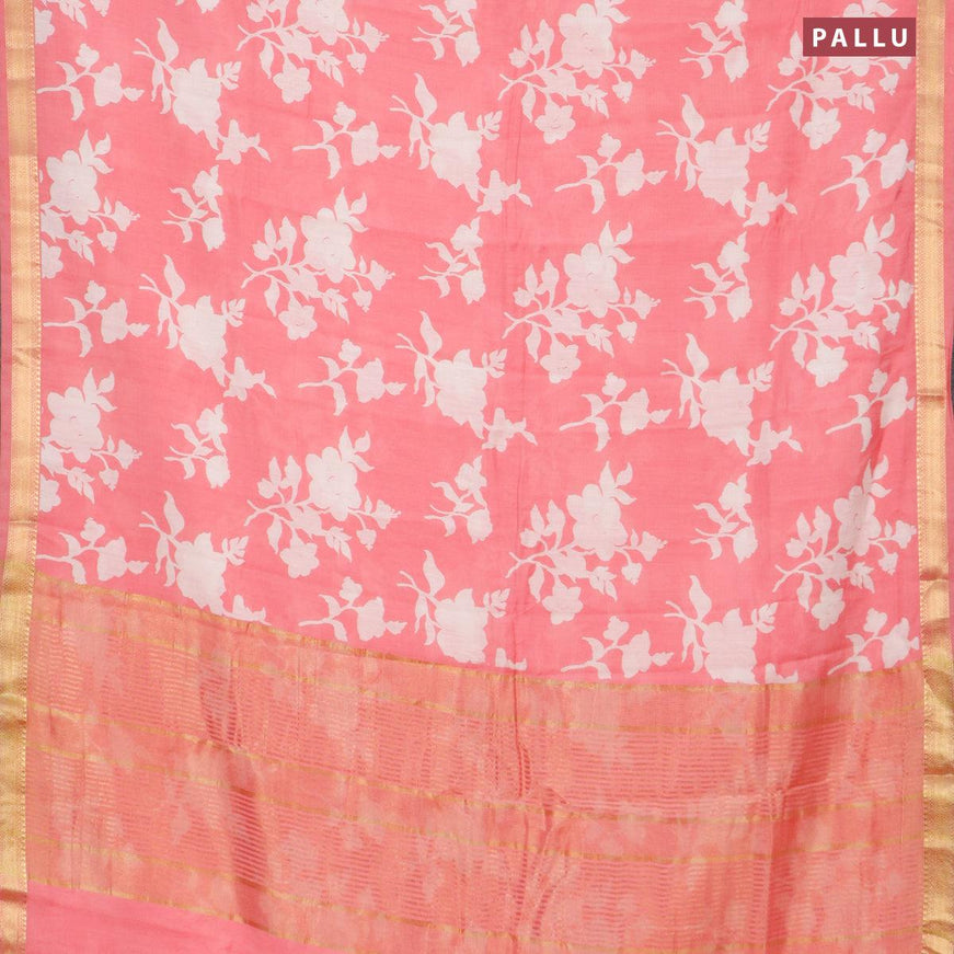 Malai silk saree peach pink with allover floral prints and zari woven border