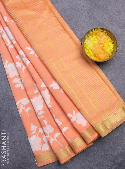 Malai silk saree orange and off white with allover floral prints and zari woven border