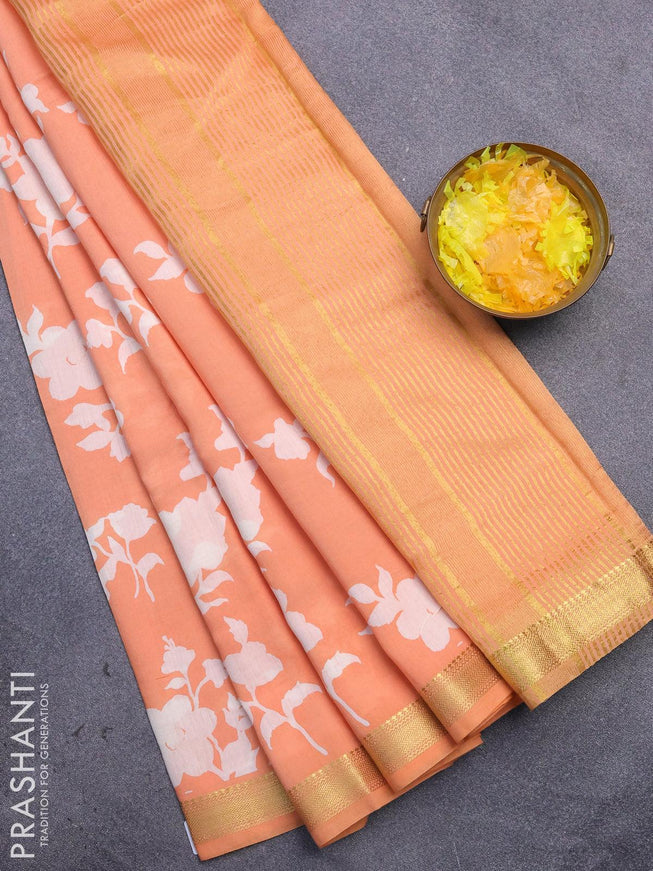 Malai silk saree orange and off white with allover floral prints and zari woven border