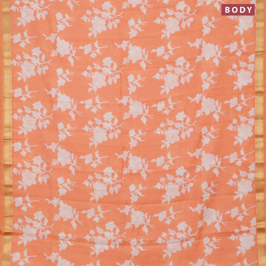 Malai silk saree orange and off white with allover floral prints and zari woven border