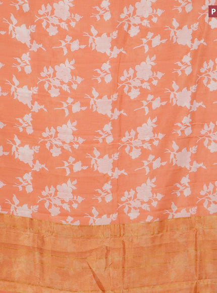 Malai silk saree orange and off white with allover floral prints and zari woven border