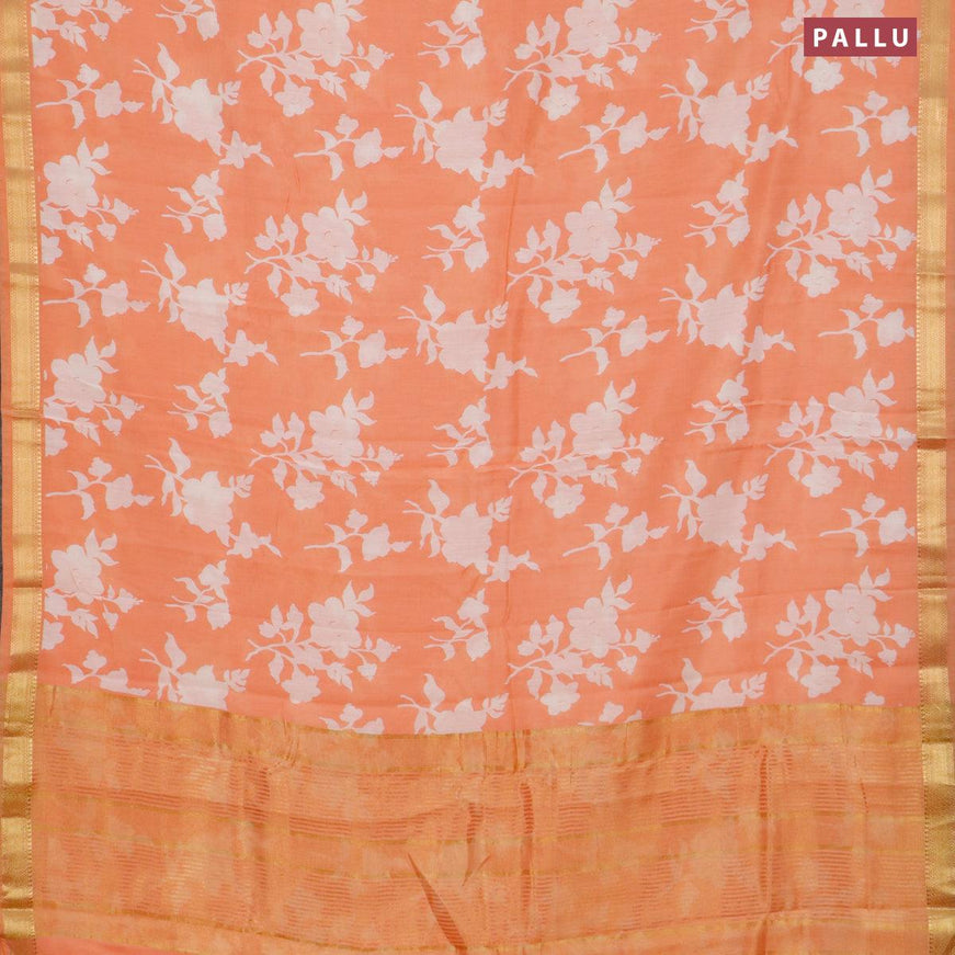 Malai silk saree orange and off white with allover floral prints and zari woven border