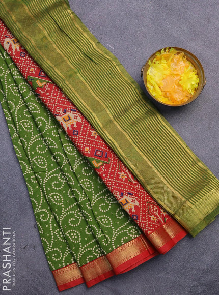 Malai silk saree green and red with allover prints and zari woven border