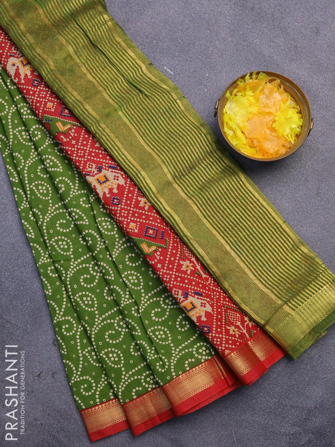 Malai silk saree green and red with allover prints and zari woven border