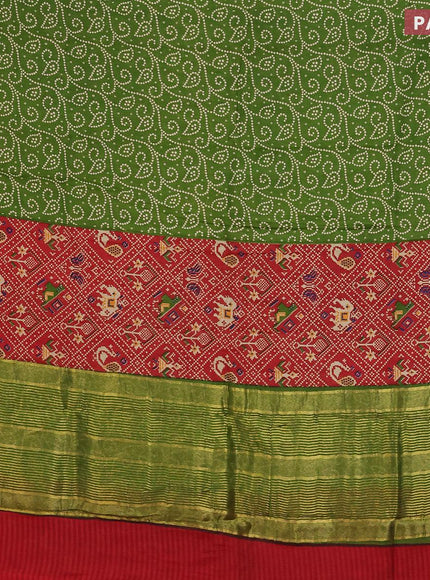 Malai silk saree green and red with allover prints and zari woven border