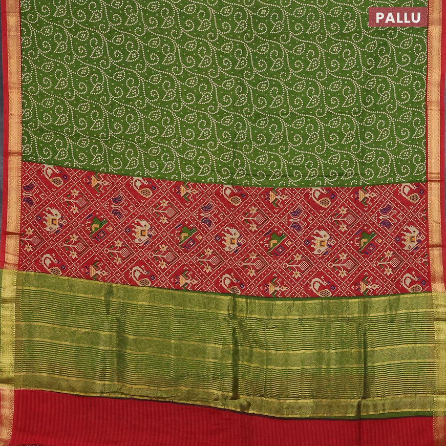 Malai silk saree green and red with allover prints and zari woven border