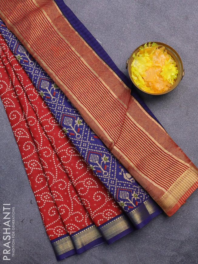 Malai silk saree red and blue with allover prints and zari woven border