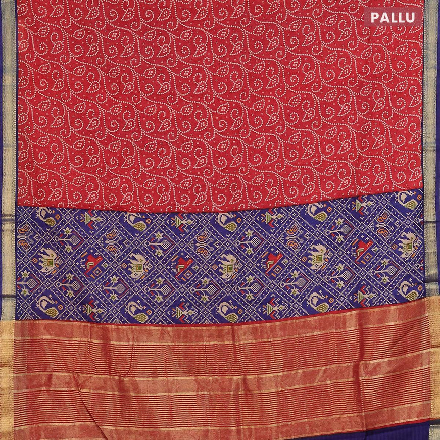 Malai silk saree red and blue with allover prints and zari woven border