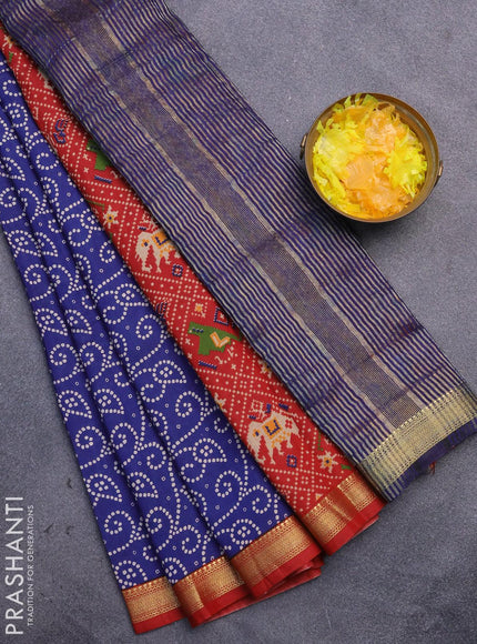 Malai silk saree blue and red with allover prints and zari woven border