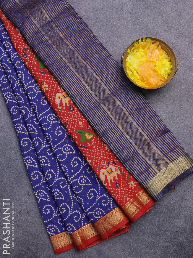 Malai silk saree blue and red with allover prints and zari woven border