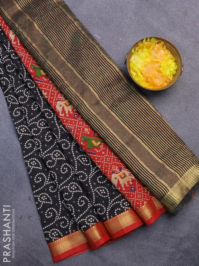 Malai silk saree black and red with allover prints and zari woven border