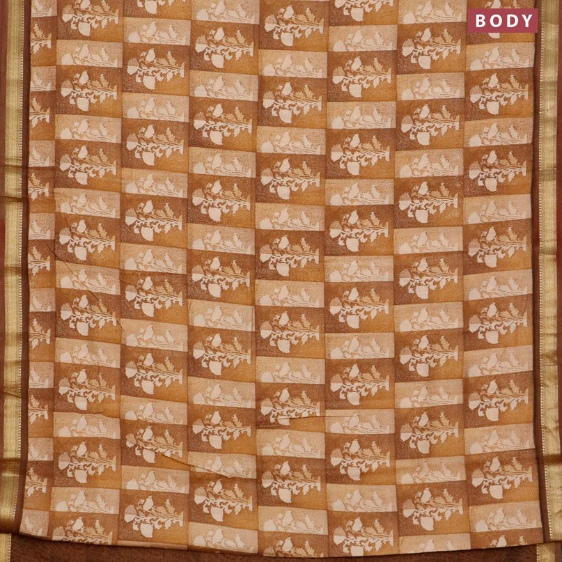 Malai silk saree beige mustard shade and dark mustard with allover prints and zari woven border