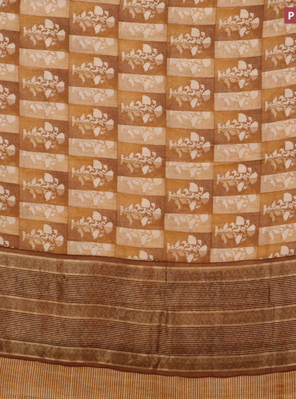 Malai silk saree beige mustard shade and dark mustard with allover prints and zari woven border