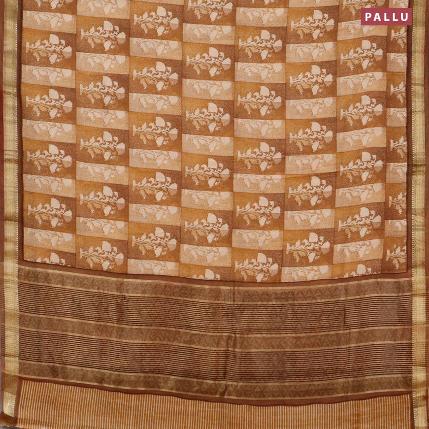 Malai silk saree beige mustard shade and dark mustard with allover prints and zari woven border