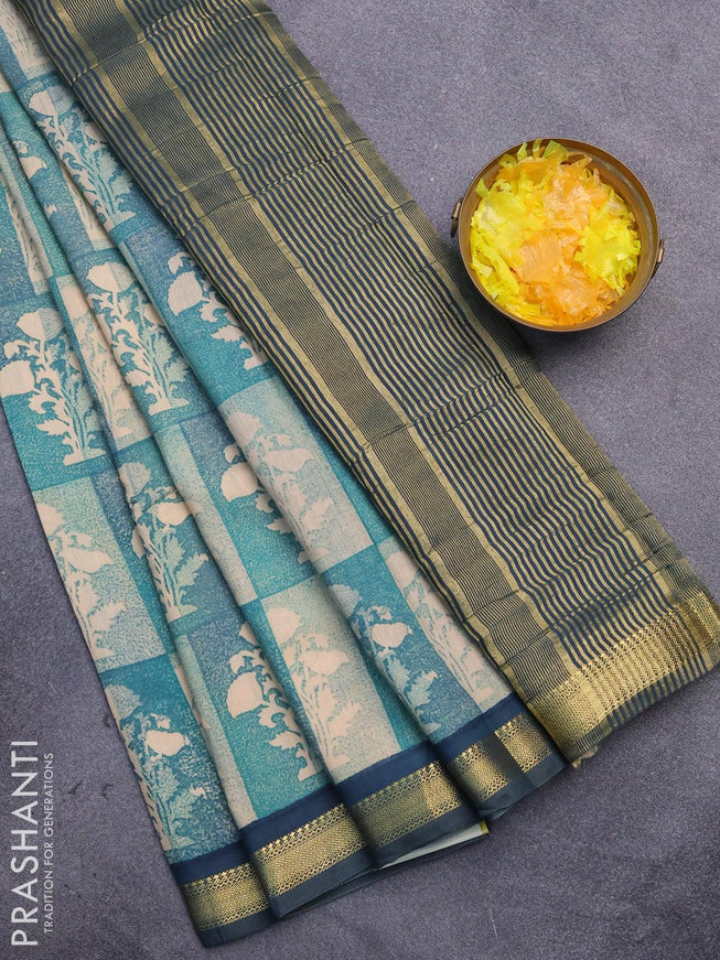 Malai silk saree beige teal green and green shde with allover prints and zari woven border