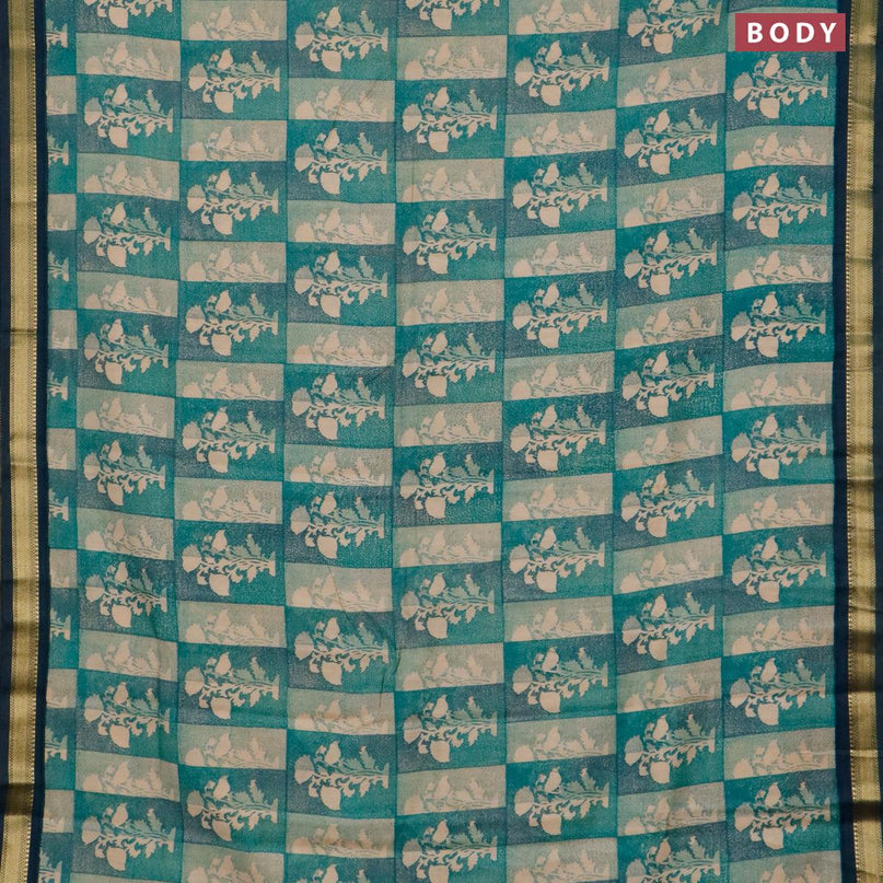 Malai silk saree beige teal green and green shde with allover prints and zari woven border