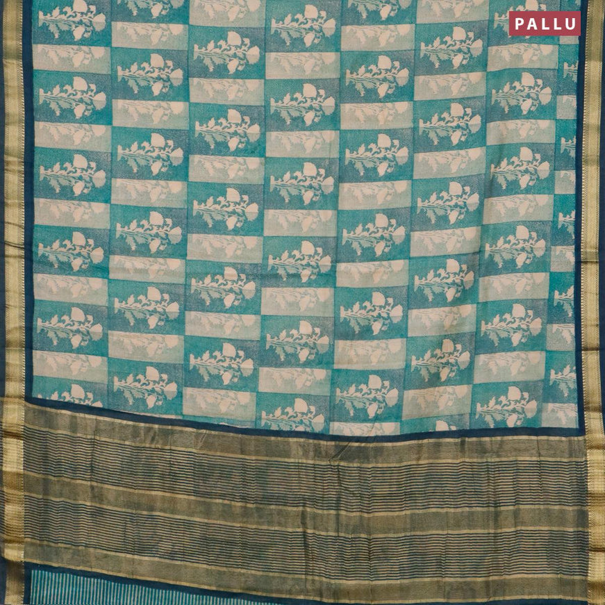 Malai silk saree beige teal green and green shde with allover prints and zari woven border