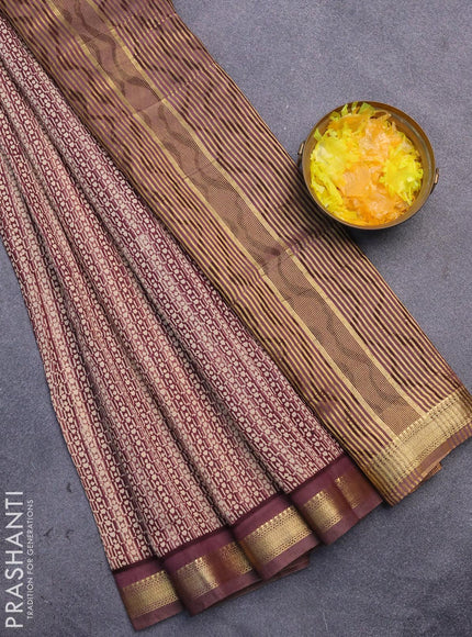 Malai silk saree beige and pastel maroon with allover prints and zari woven border