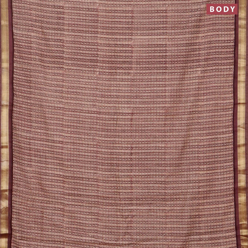 Malai silk saree beige and pastel maroon with allover prints and zari woven border