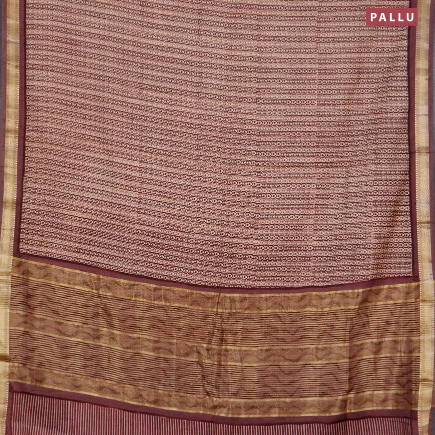 Malai silk saree beige and pastel maroon with allover prints and zari woven border