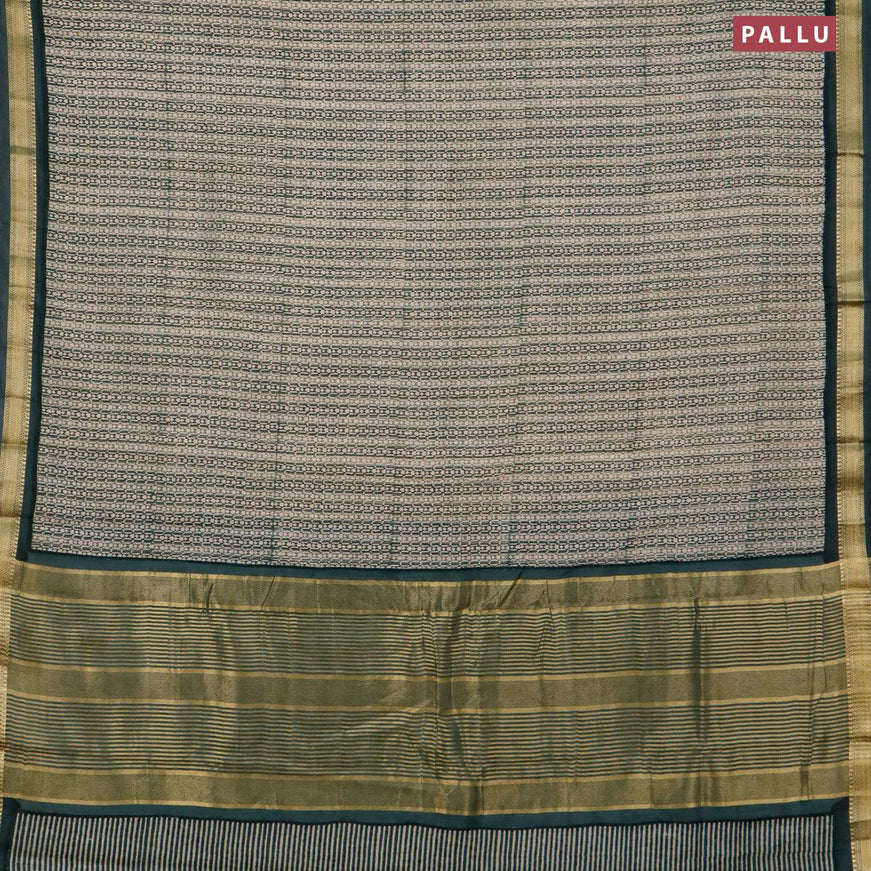 Malai silk saree beige and dark green shade with allover prints and zari woven border