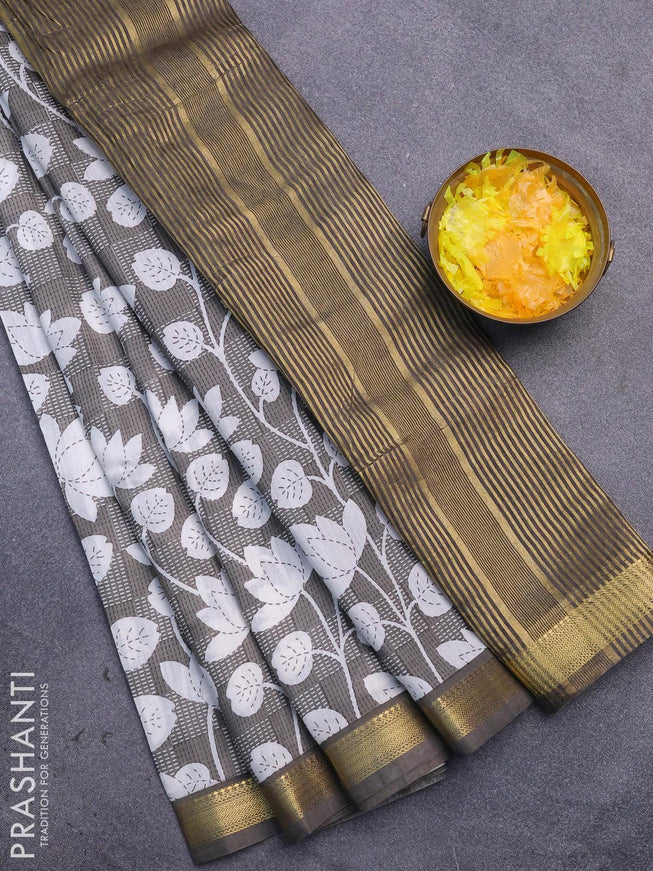 Malai silk saree grey and off white with allover floral prints and zari woven border