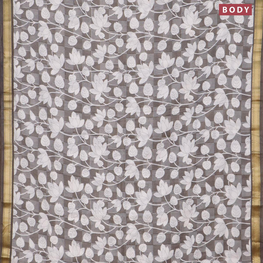 Malai silk saree grey and off white with allover floral prints and zari woven border