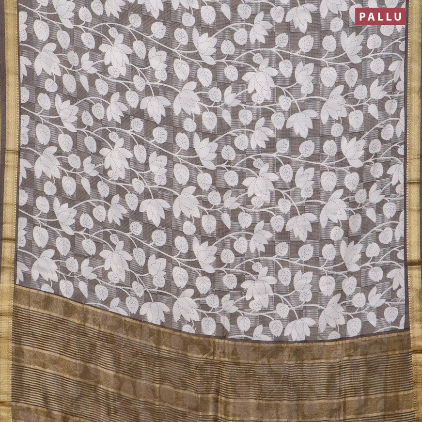 Malai silk saree grey and off white with allover floral prints and zari woven border