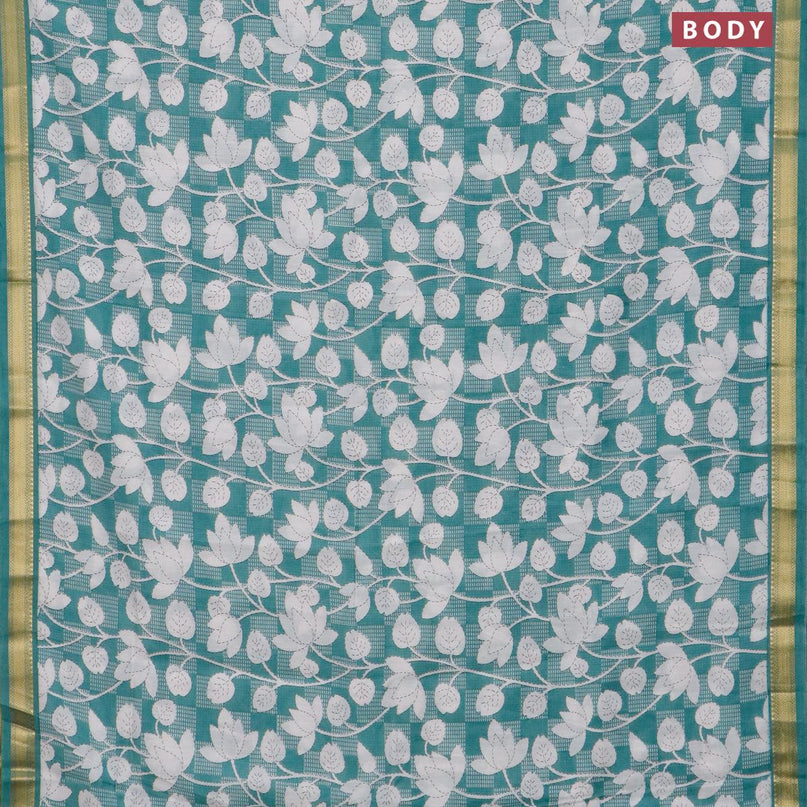 Malai silk saree pastel blue and off white with allover floral prints and zari woven border