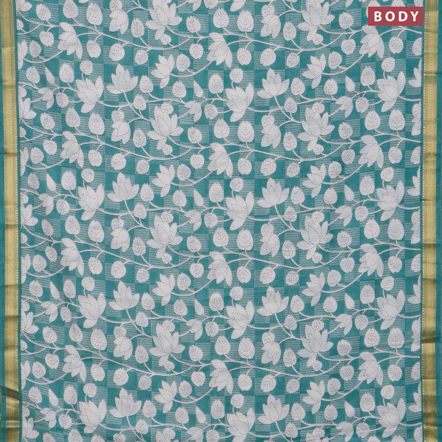 Malai silk saree pastel blue and off white with allover floral prints and zari woven border