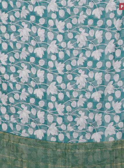 Malai silk saree pastel blue and off white with allover floral prints and zari woven border