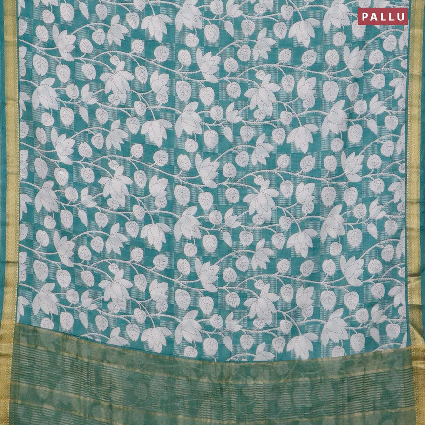 Malai silk saree pastel blue and off white with allover floral prints and zari woven border