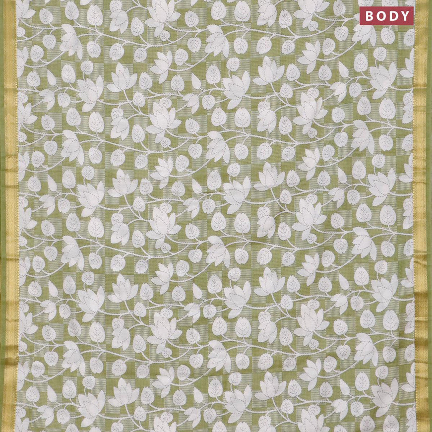 Malai silk saree green shade and off white with allover floral prints and zari woven border