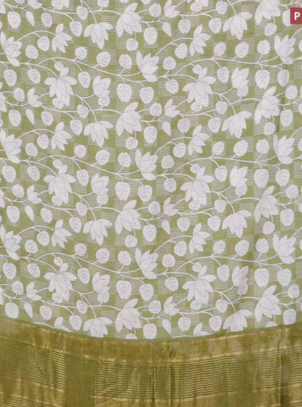 Malai silk saree green shade and off white with allover floral prints and zari woven border