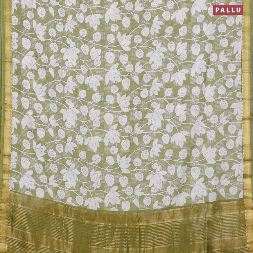 Malai silk saree green shade and off white with allover floral prints and zari woven border