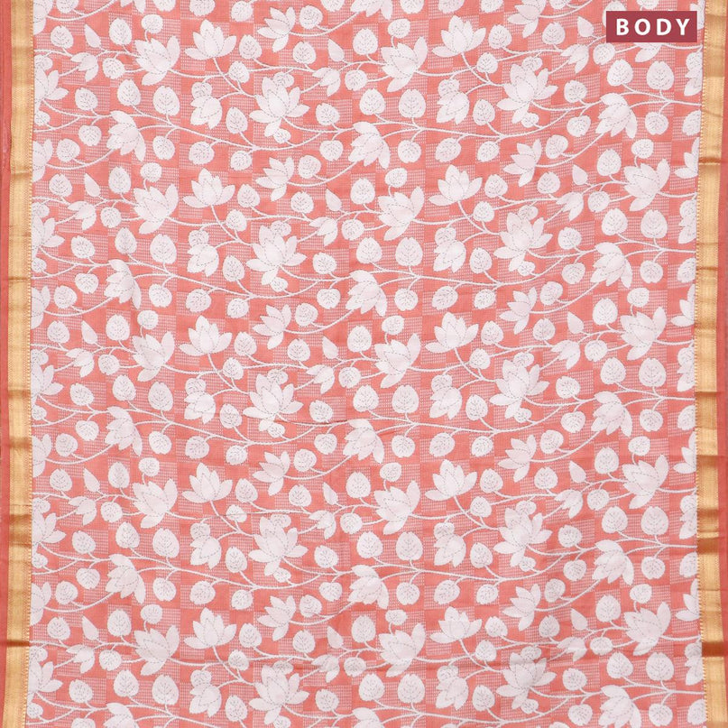 Malai silk saree pastel peach and off white with allover floral prints and zari woven border