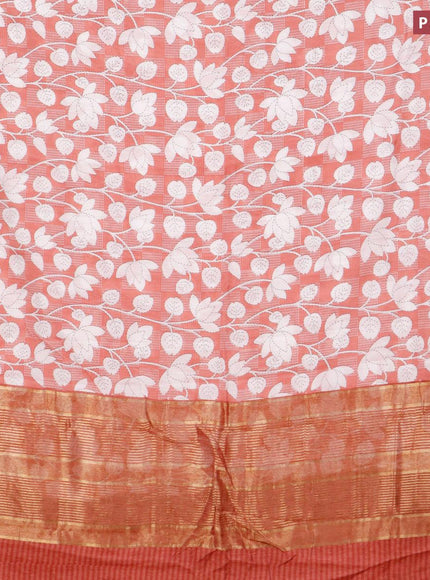 Malai silk saree pastel peach and off white with allover floral prints and zari woven border