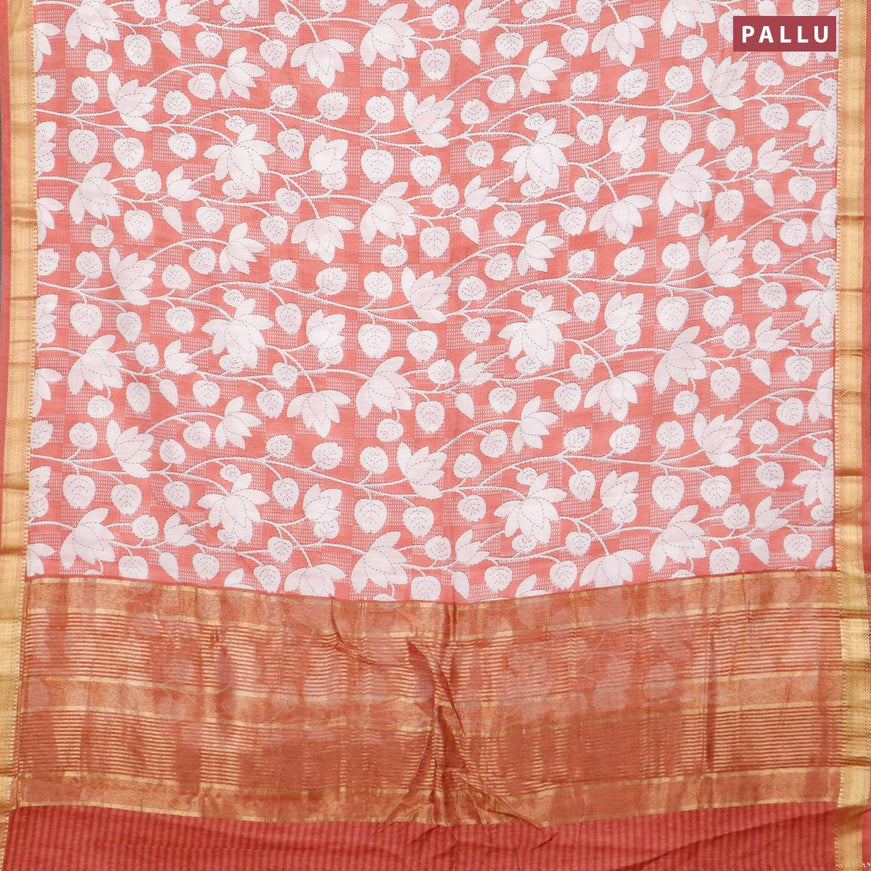 Malai silk saree pastel peach and off white with allover floral prints and zari woven border