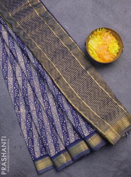 Malai silk saree blue with allover prints and zari woven border