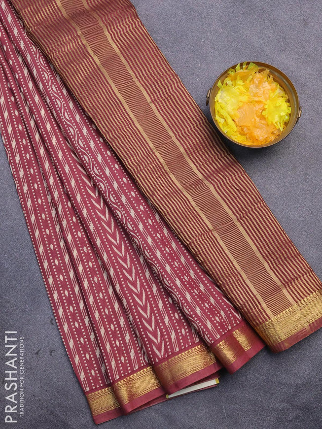 Malai silk saree maroon shade with allver ikat prints and zari woven border