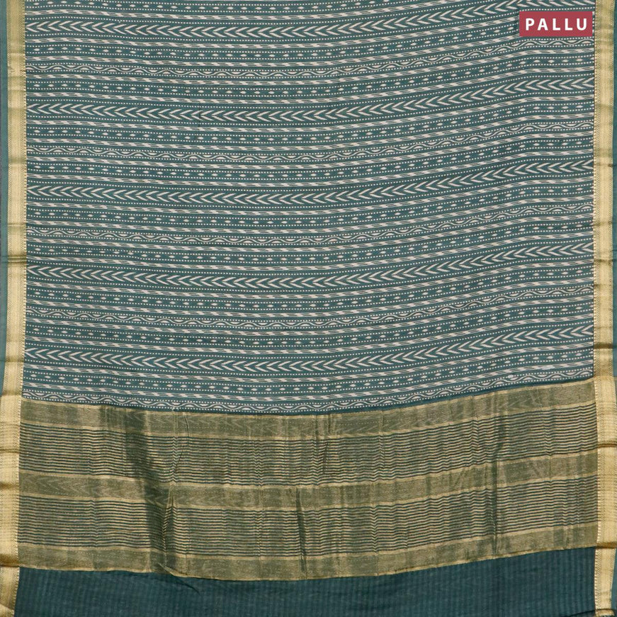 Malai silk saree dark green shade with allver ikat prints and zari woven border