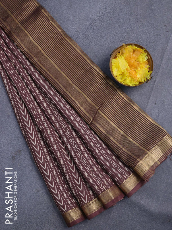 Malai silk saree coffee brown with allver ikat prints and zari woven border