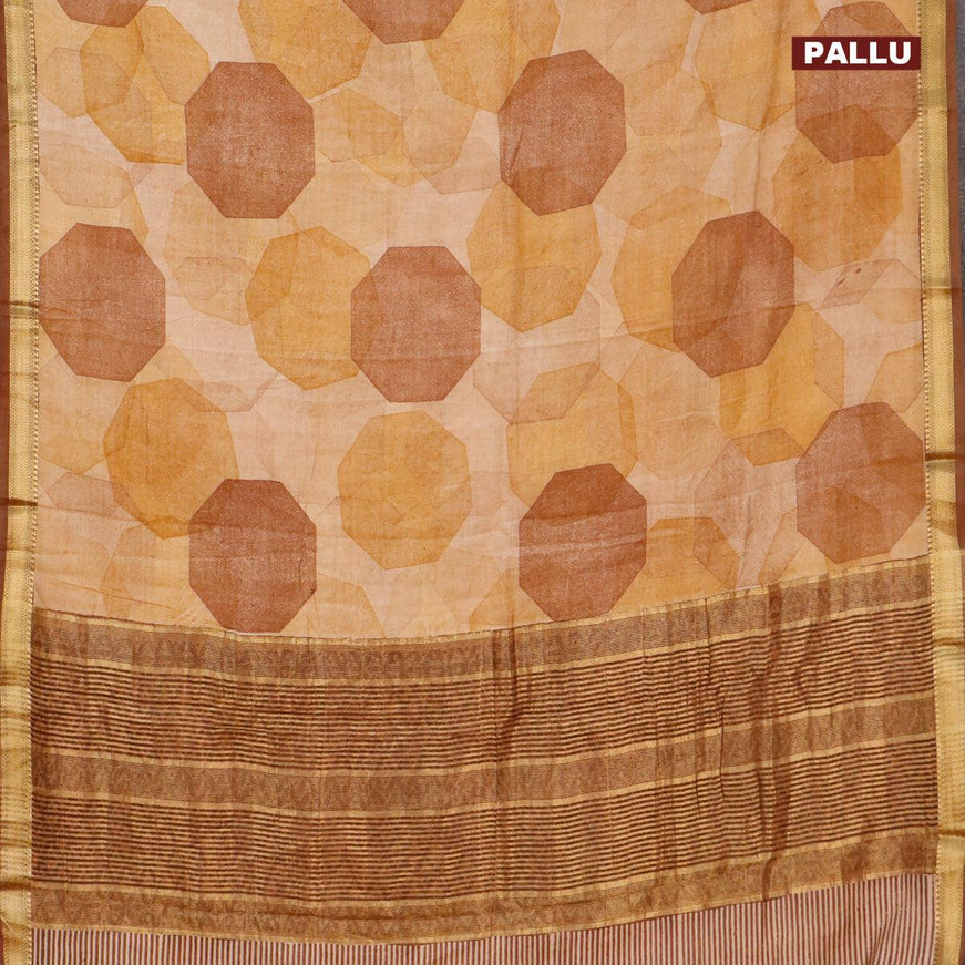 Malai silk saree sandal and brown with allover geometric prints and zari woven border