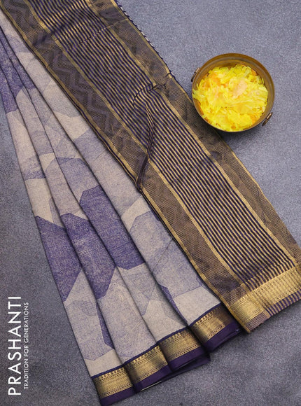 Malai silk saree beige and navy blue with allover geometric prints and zari woven border