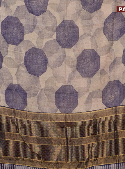 Malai silk saree beige and navy blue with allover geometric prints and zari woven border