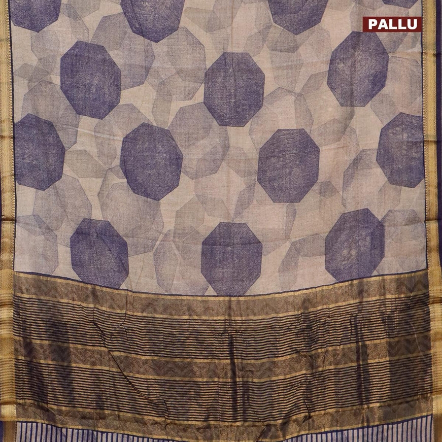 Malai silk saree beige and navy blue with allover geometric prints and zari woven border