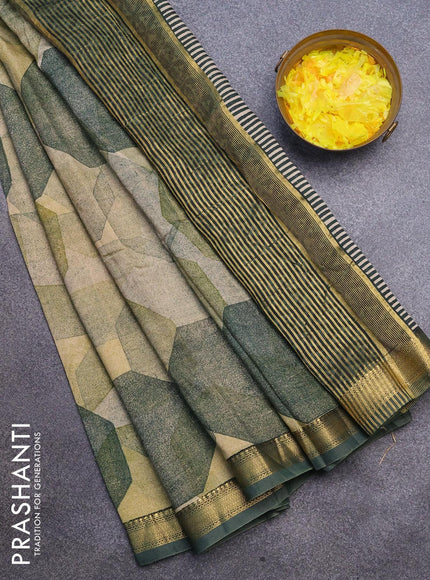 Malai silk saree elaichi green and dark green with allover geometric prints and zari woven border